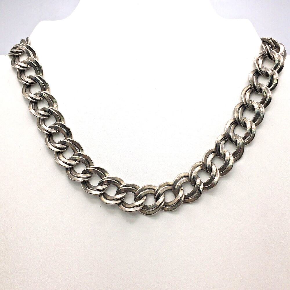 Vintage Silver Tone Double Curb Link Chain Style Choker Necklace Fold Over Clasp